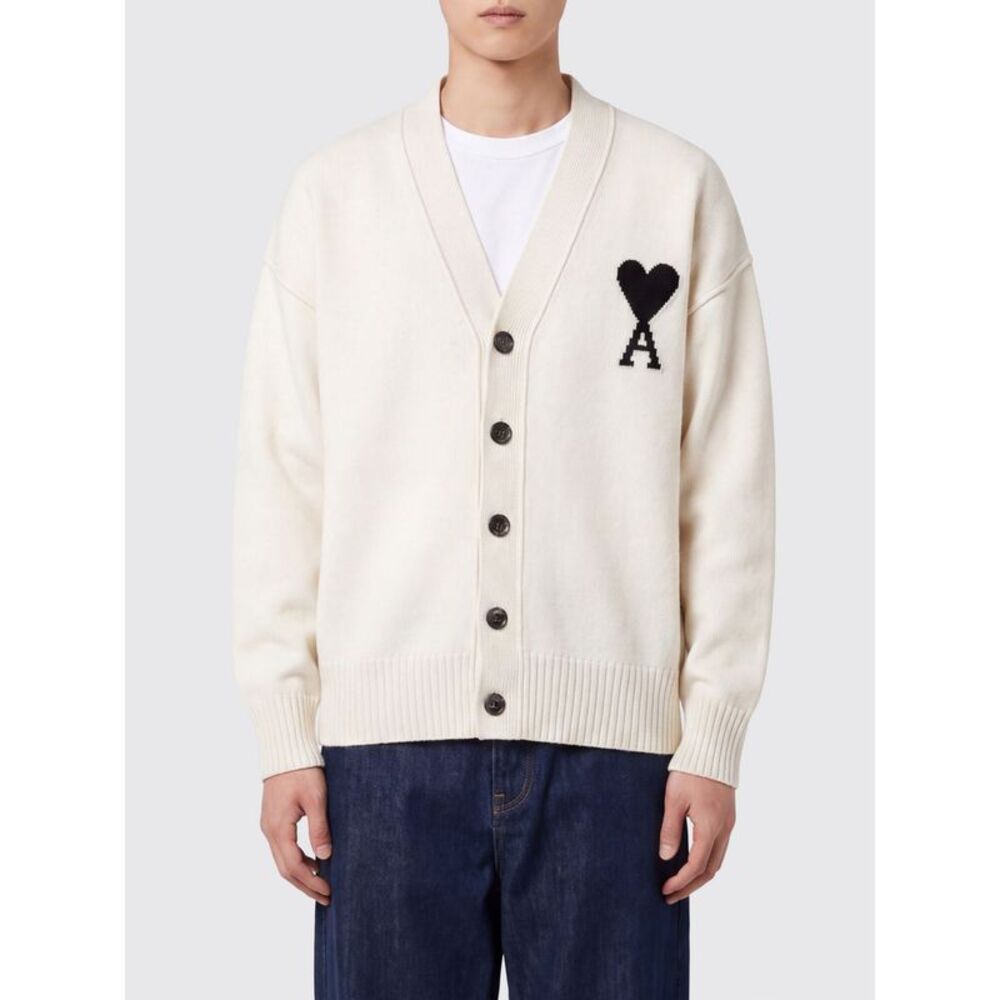 Ami Paris Men Ami Paris V-Neck Wool Cardigan With Contrast Logo